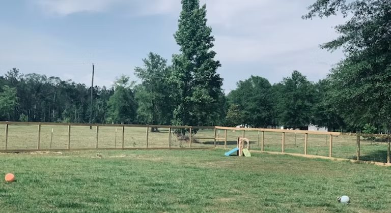 The 10,000 square foot fenced play yard surrounded by trees